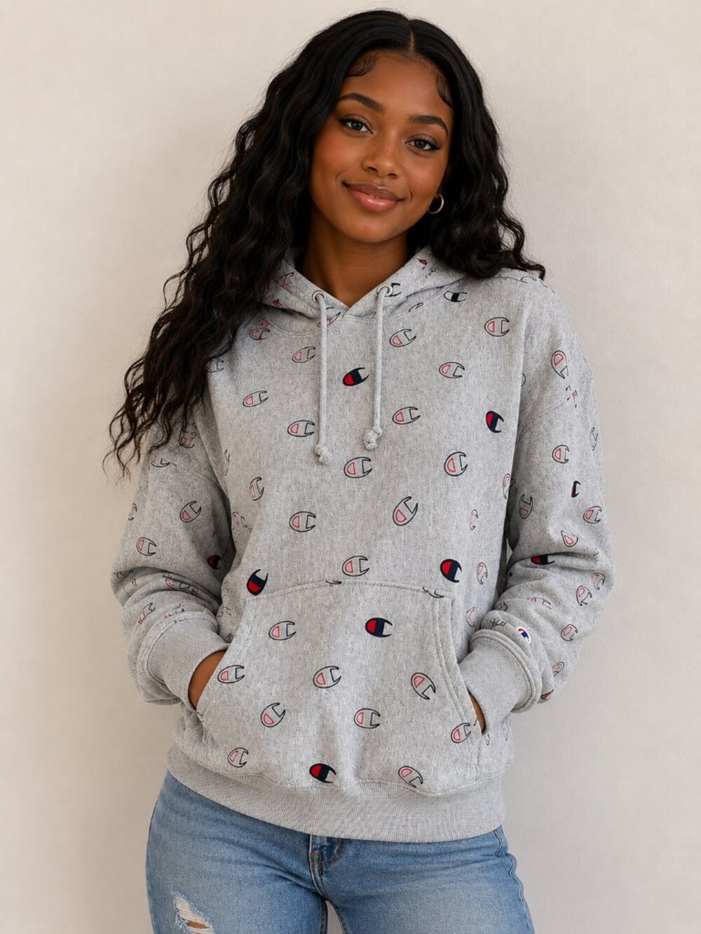 Champion Gray Reverse Weave Hoodie – Allover Logo Print – Women's Medium